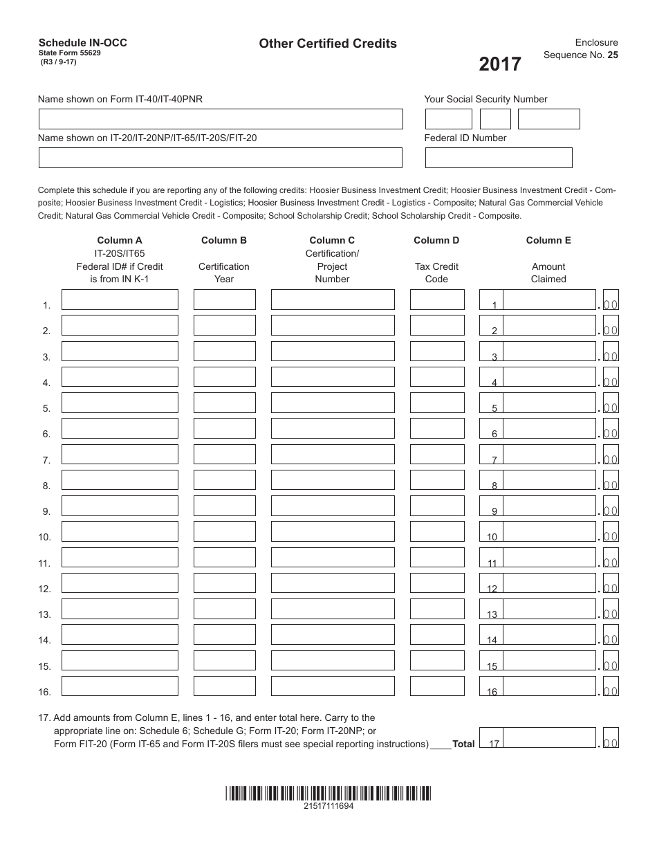 Form 55629 Schedule IN-OCC Other Certified Credits - Indiana, Page 1