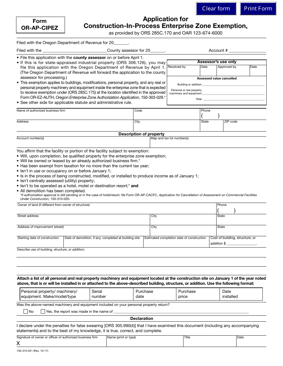 Form OR-AP-CIPEZ Application for Construction-In-process Enterprise Zone Exemption - Oregon, Page 1