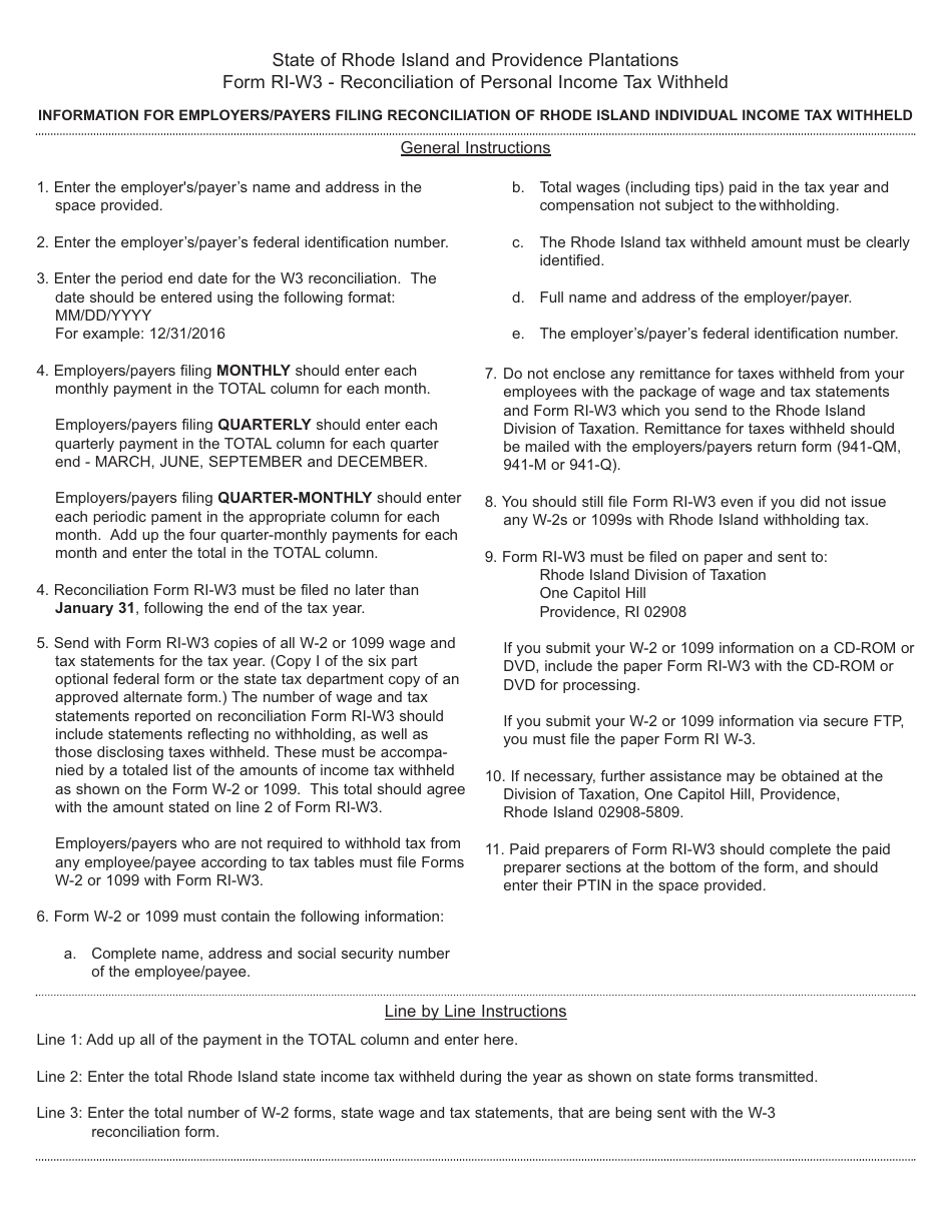 Download Instructions for Form RIW3 Reconciliation of Rhode Island Individual Tax