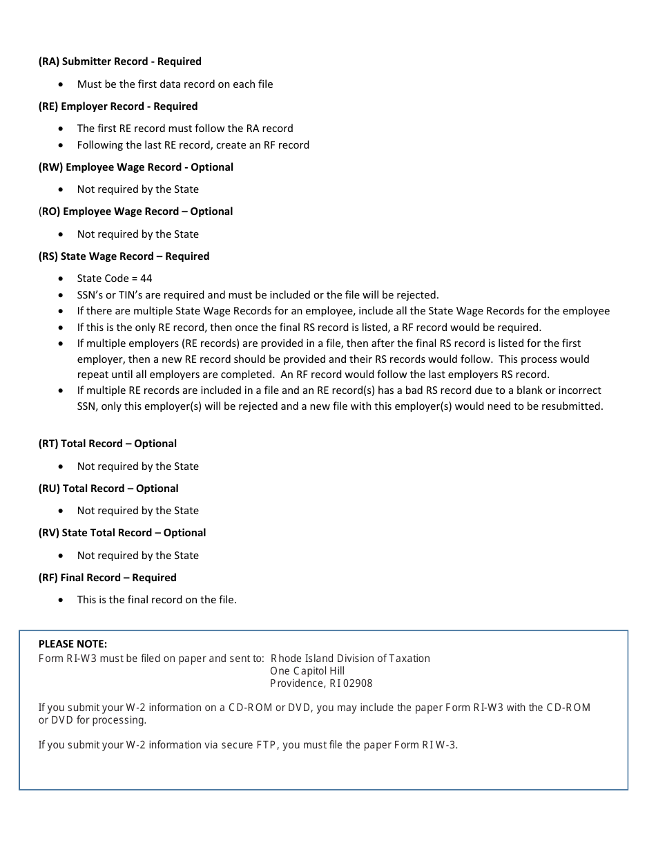 Transmittal Form for the Reporting of W-2 Information on Electronic Media - Rhode Island, Page 2