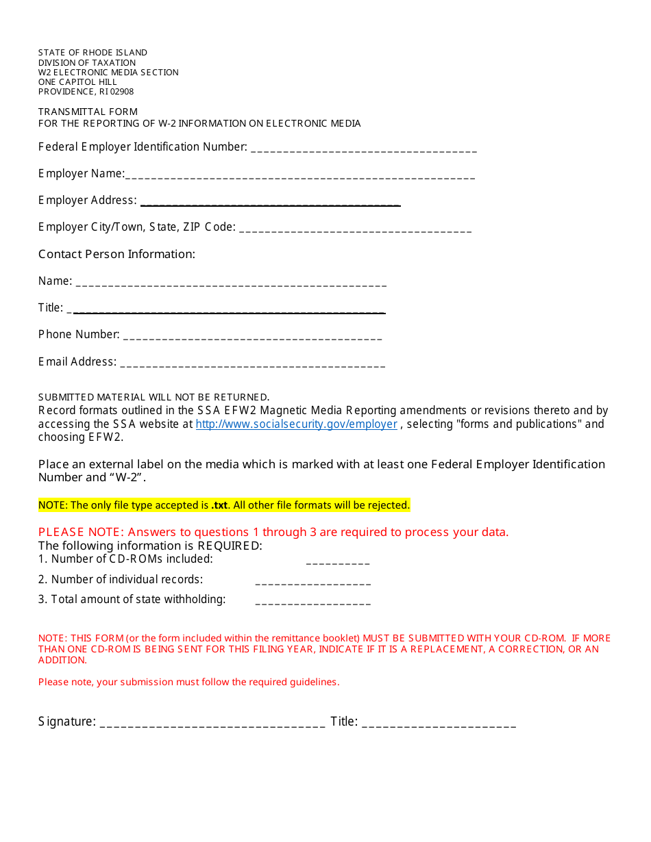 Transmittal Form for the Reporting of W-2 Information on Electronic Media - Rhode Island, Page 3