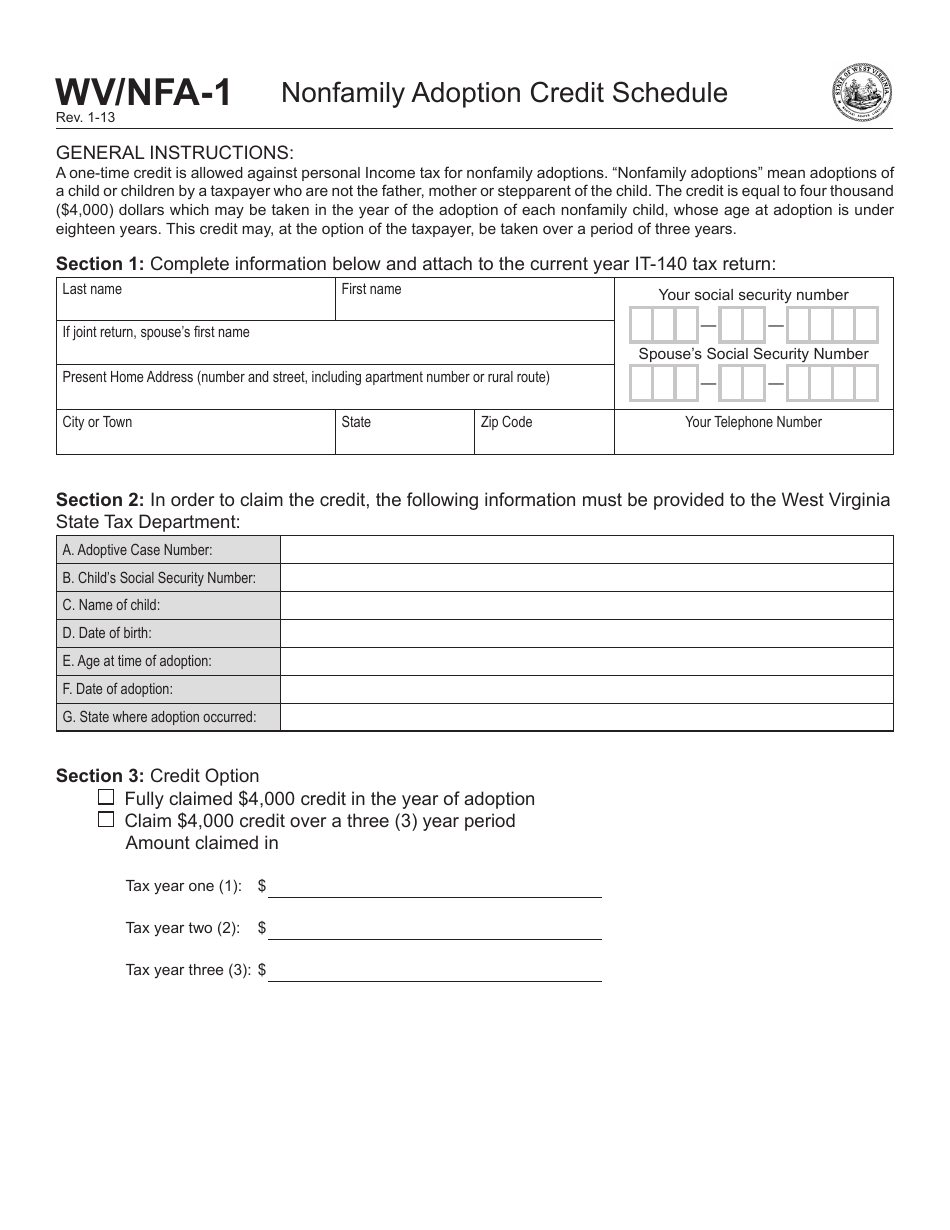 Form WV/NFA-1 Nonfamily Adoption Credit Schedule - West Virginia, Page 1