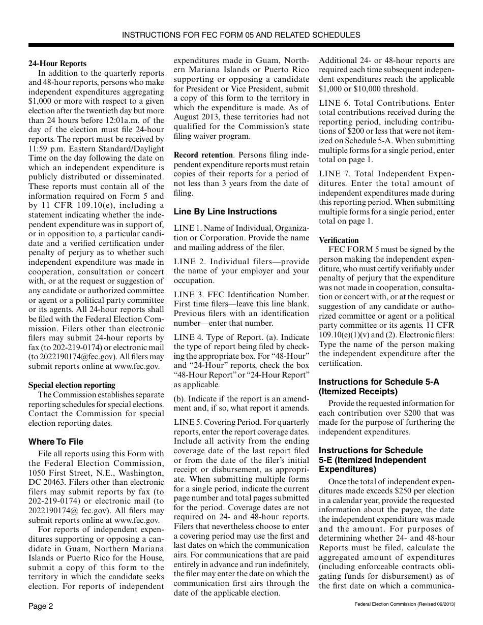 Instructions for FEC Form 5 Report of Independent Expenditures Made and Contributions Received to Be Used by Persons Other Than Political Committees, Page 2