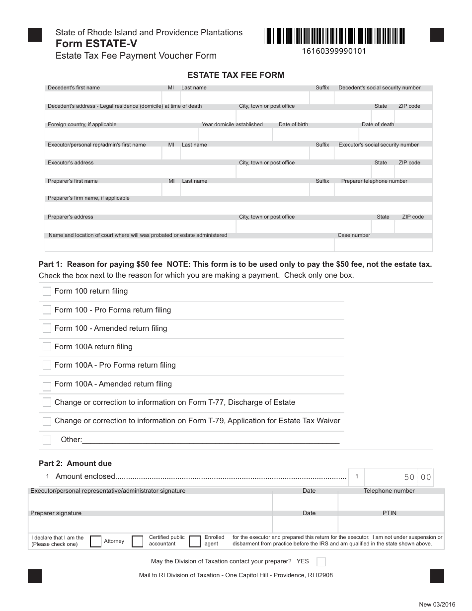 Form ESTATE-V Estate Tax Fee Payment Voucher Form - Rhode Island, Page 1