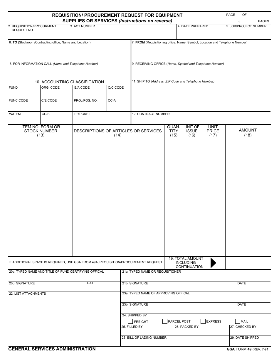 GSA Form 49 Requisition / Procurement Request for Equipment Supplies or Services, Page 1