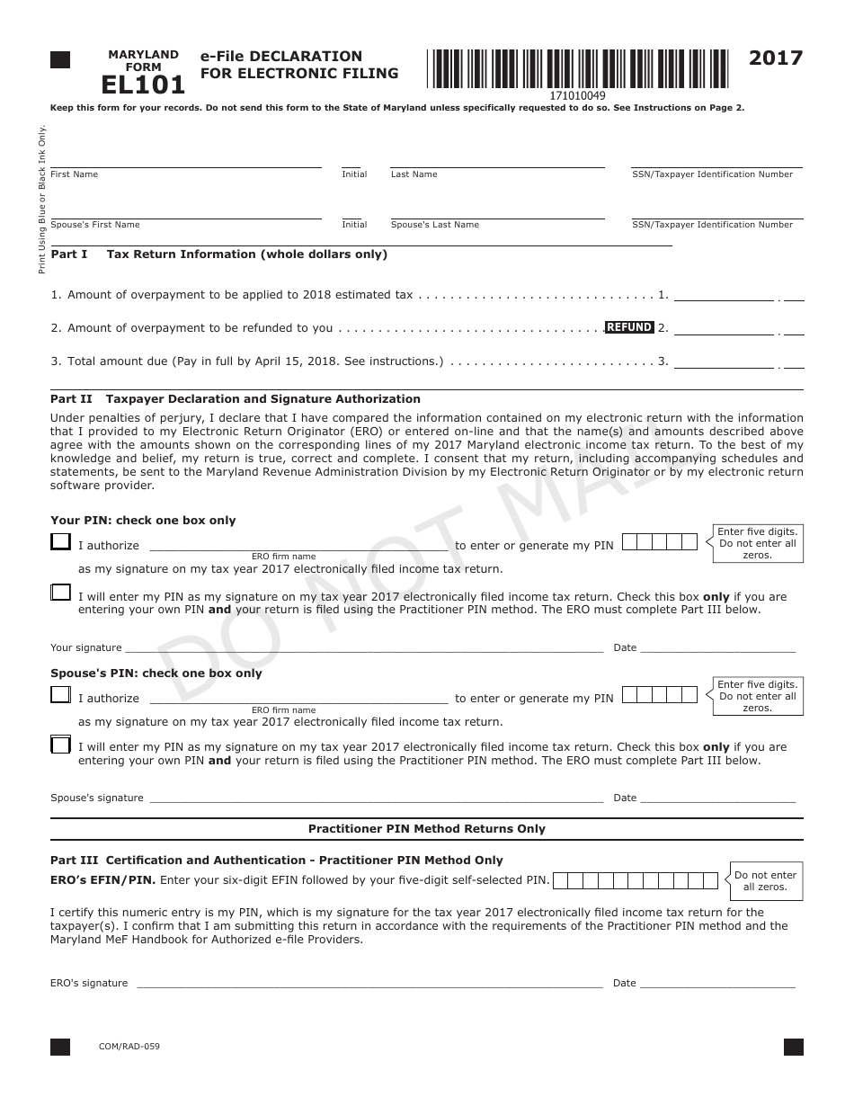 Form EL101 E-File Declaration for Electronic Filing - Maryland, Page 1
