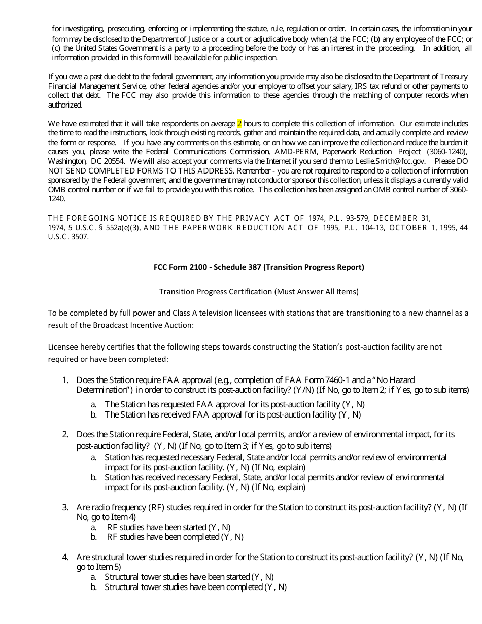FCC Form 2100 Schedule 387 Transition Progress Report, Page 3