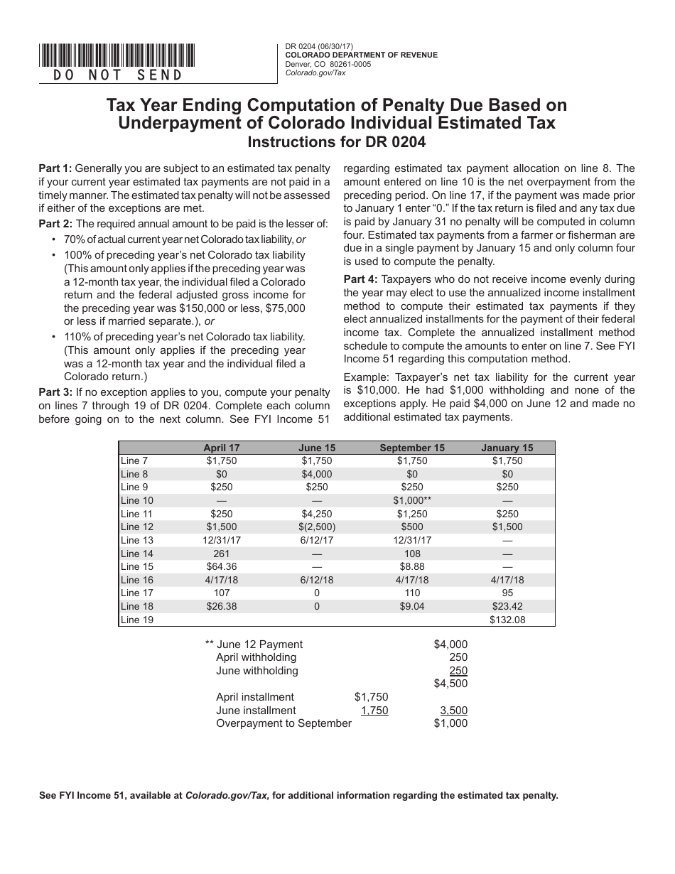 Form DR0204 Tax Year Ending Computation of Penalty Due Based on Underpayment of Colorado Individual Estimated Tax - Colorado, Page 1