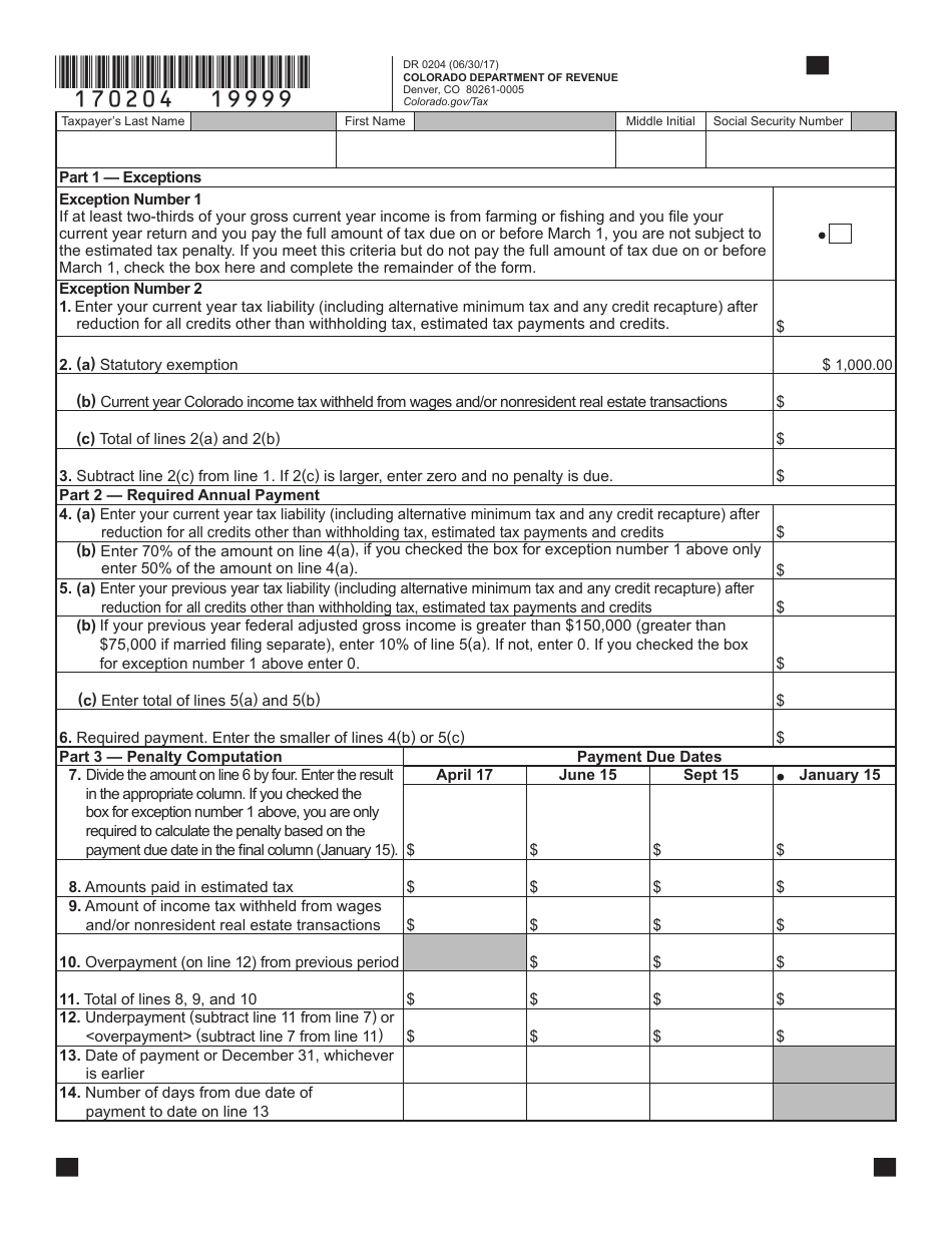 Form DR0204 Tax Year Ending Computation of Penalty Due Based on Underpayment of Colorado Individual Estimated Tax - Colorado, Page 2