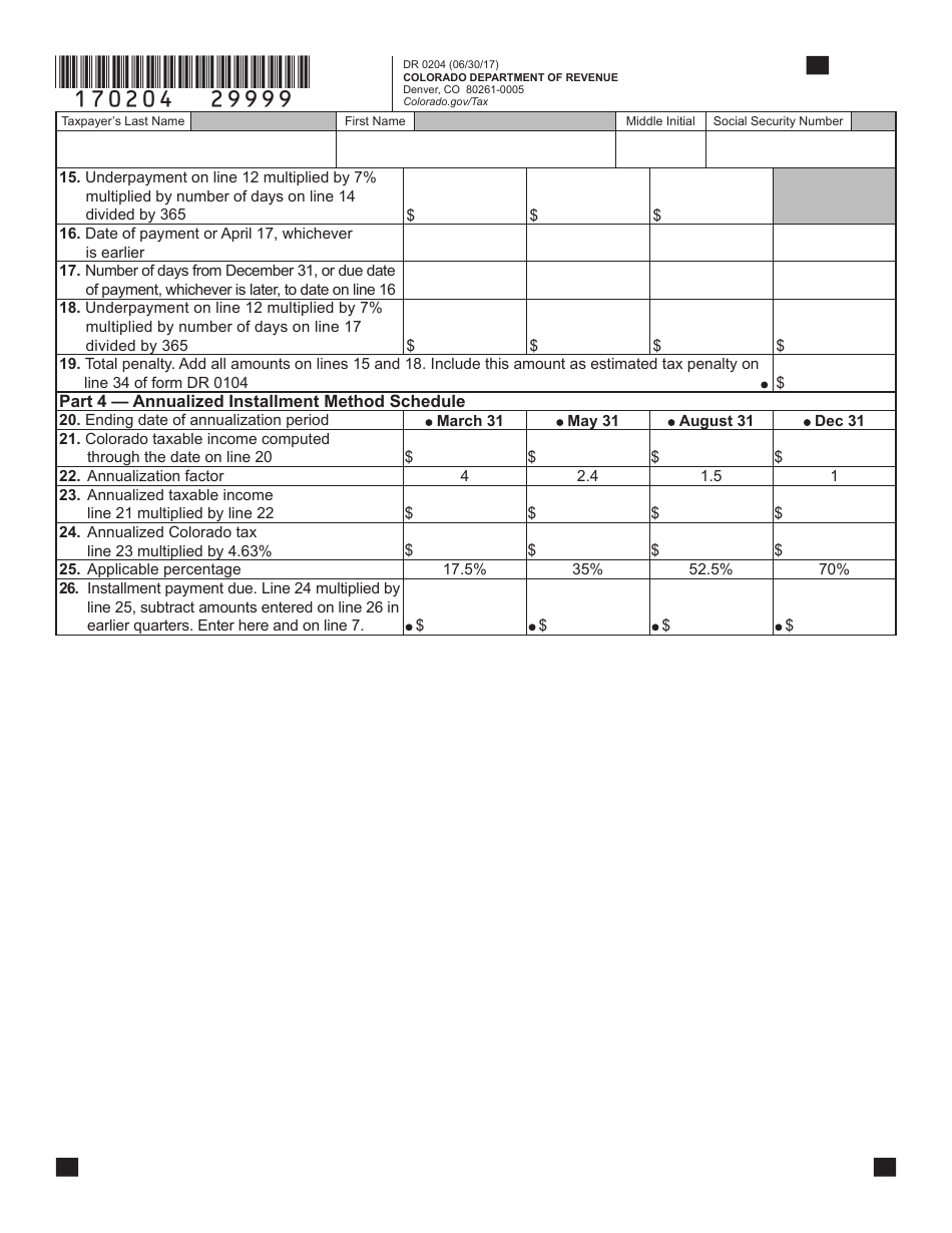 Form DR0204 Tax Year Ending Computation of Penalty Due Based on Underpayment of Colorado Individual Estimated Tax - Colorado, Page 3
