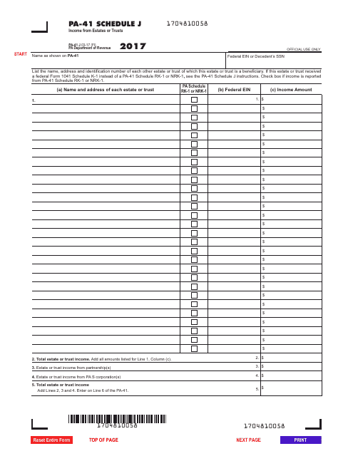 Form PA-41 Schedule J 2017 Printable Pdf