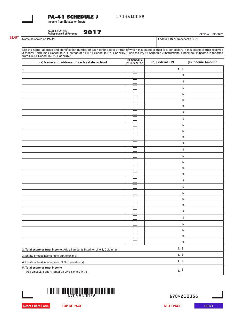 Form PA-41 Schedule J Income From Estates or Trusts - Pennsylvania, Page 1