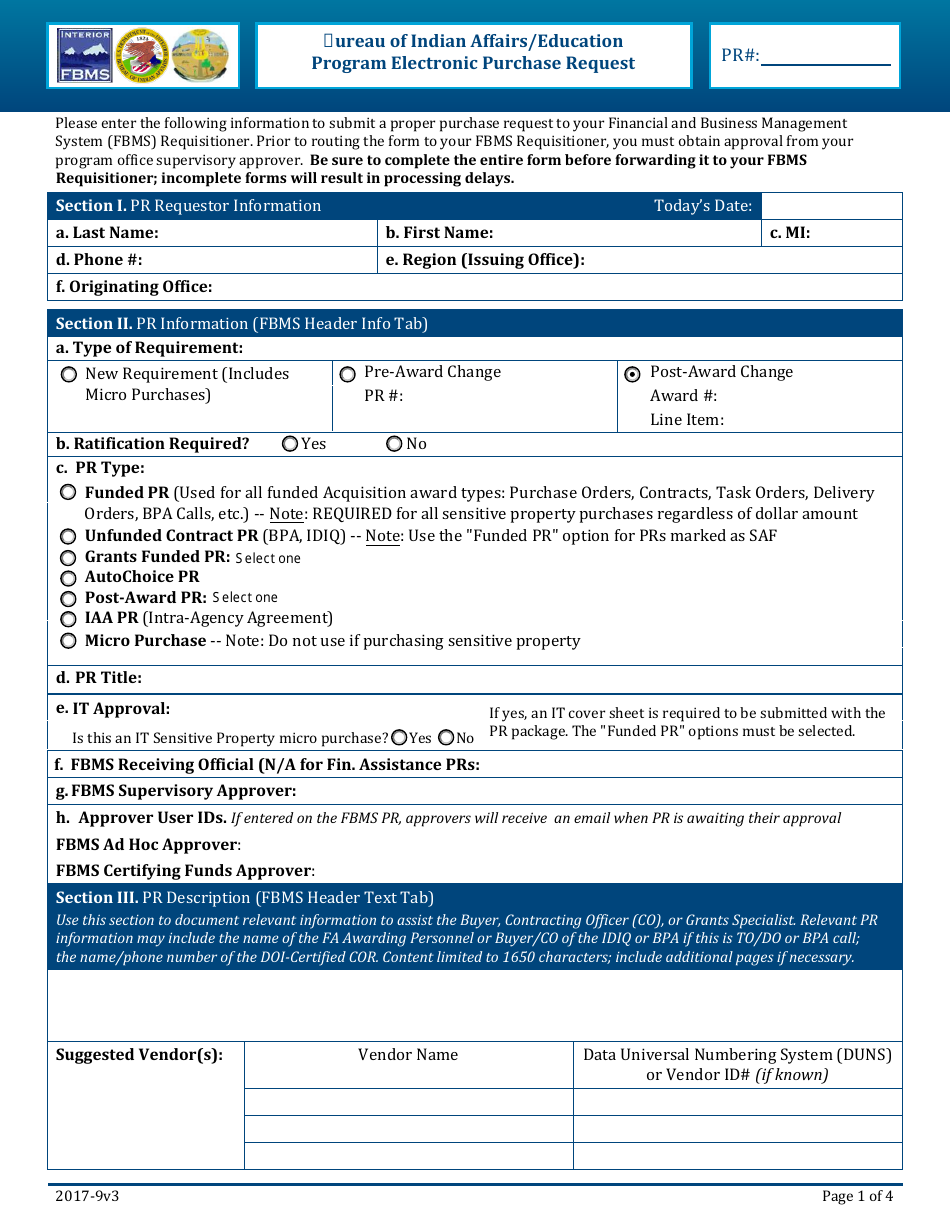 Bureau of Indian Affairs / Education Program Electronic Purchase Request Form, Page 1