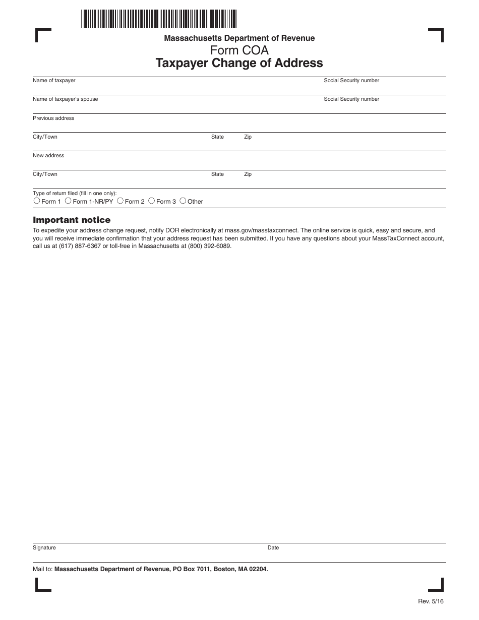 Form COA Taxpayer Change of Address - Massachusetts, Page 1