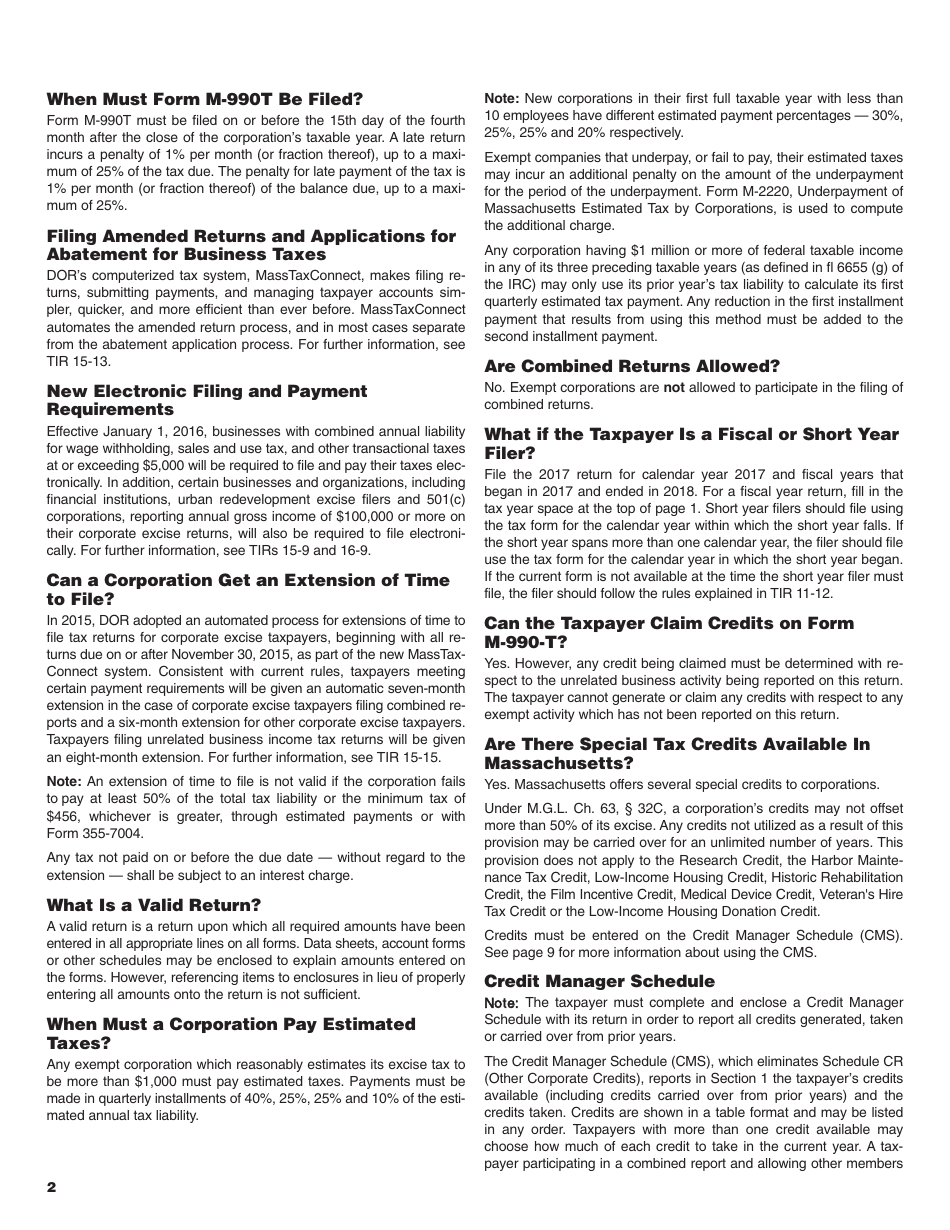 Instructions for Form M-990T Unrelated Business Income Tax Return - Massachusetts, Page 2