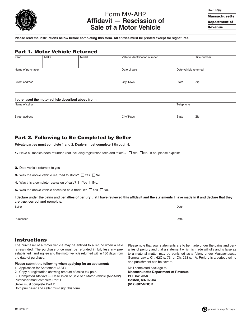 Form MV-AB2 Affidavit - Rescission of Sale of a Motor Vehicle - Massachusetts, Page 1