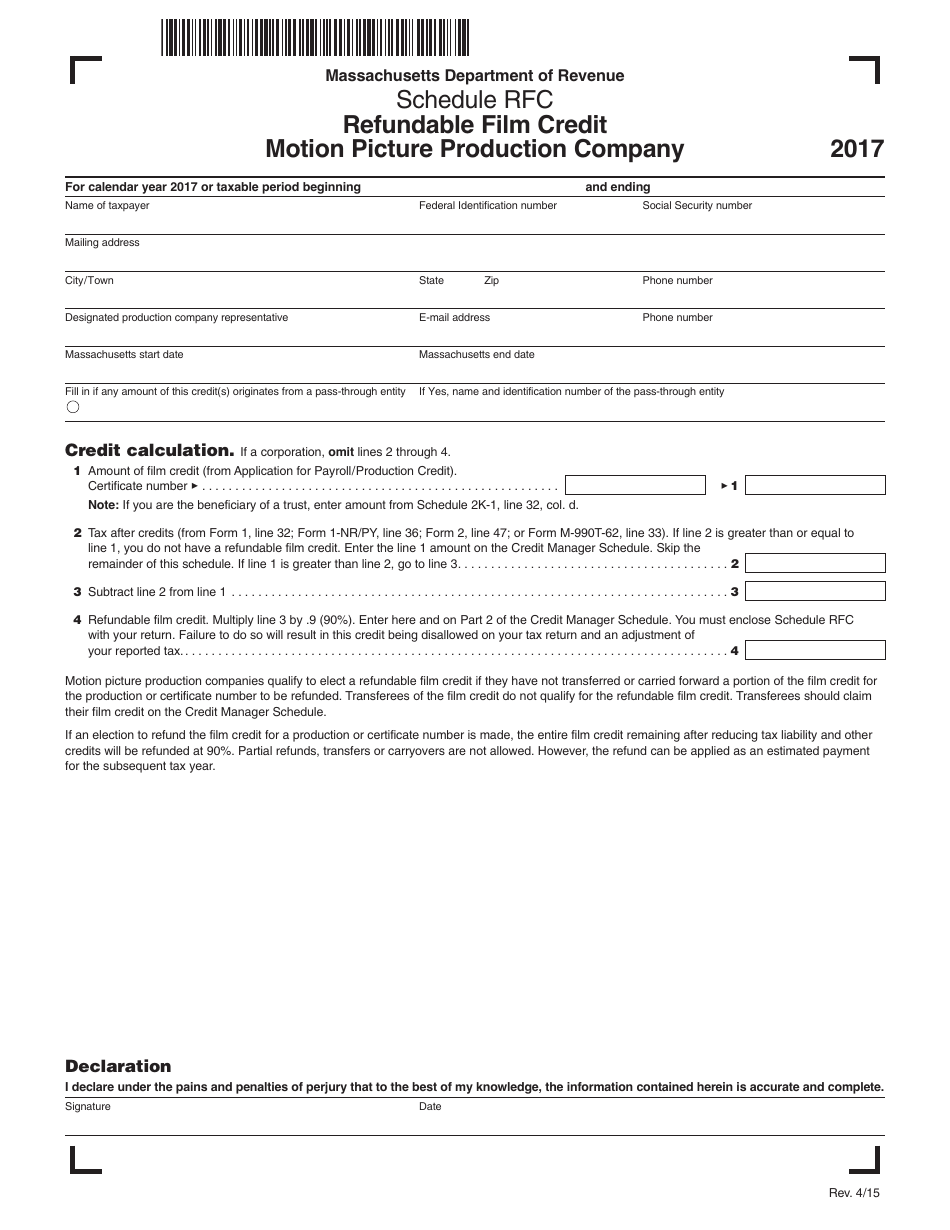 Schedule RFC Refundable Film Credit - Motion Picture Production Company - Massachusetts, Page 1