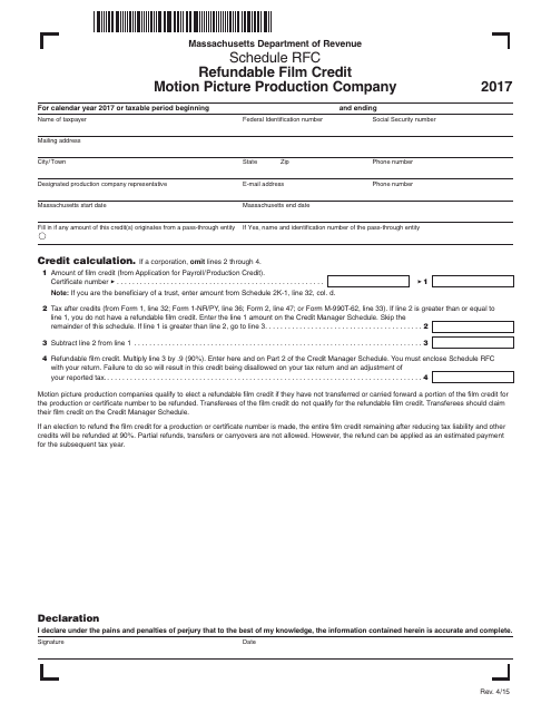 Schedule RFC Refundable Film Credit - Motion Picture Production Company - Massachusetts, 2017