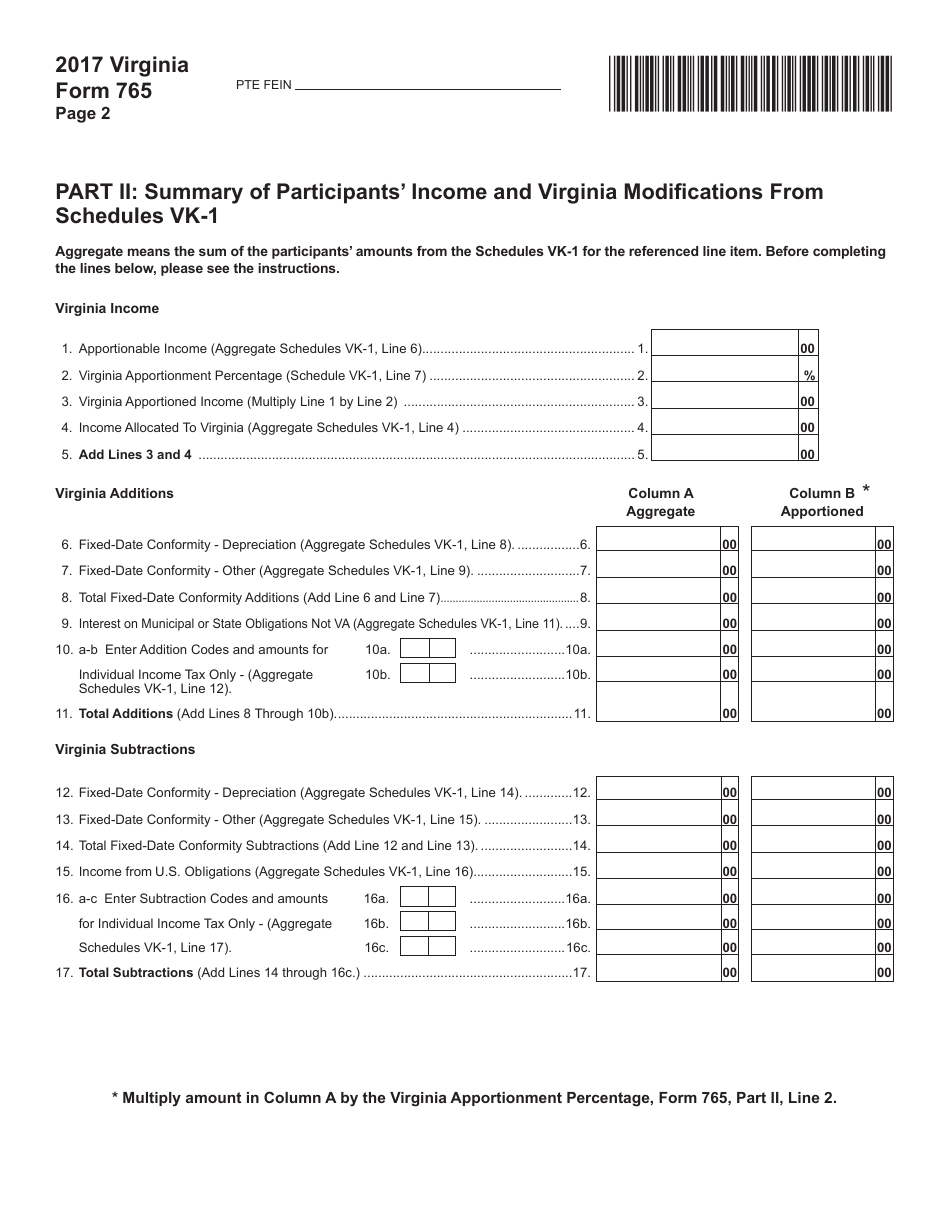 Form 765 Unified Nonresident Individual Income Tax Return (Composite Return) - Virginia, Page 2
