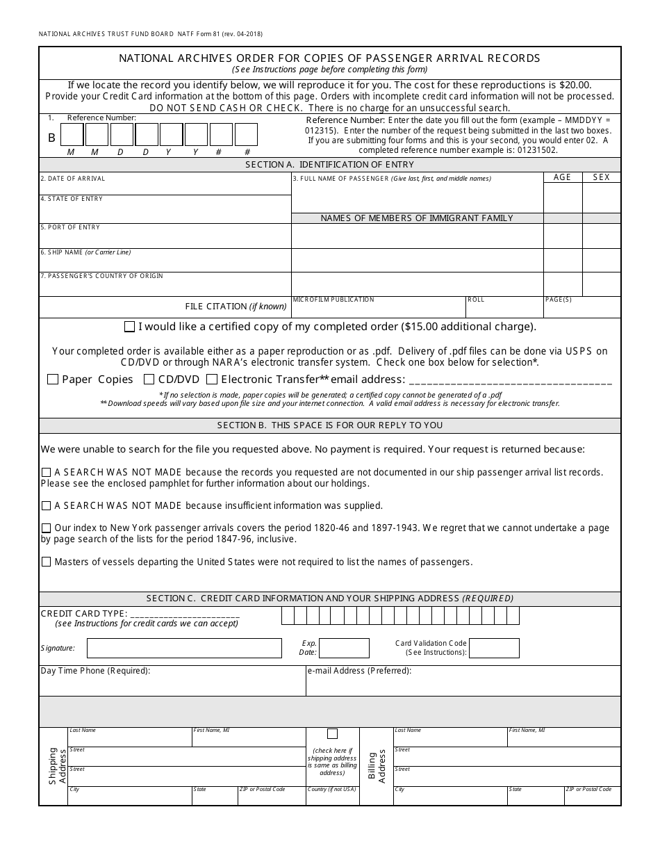 NA Form 81 National Archives Order for Copies of Passenger Arrival Records, Page 2