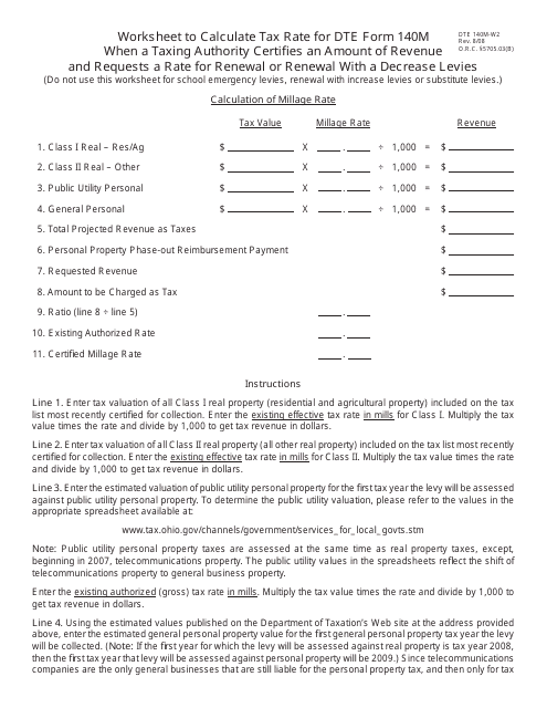 Form DTE140M-W2 Worksheet for Renewal or Renewal With a Decrease Levies - Ohio