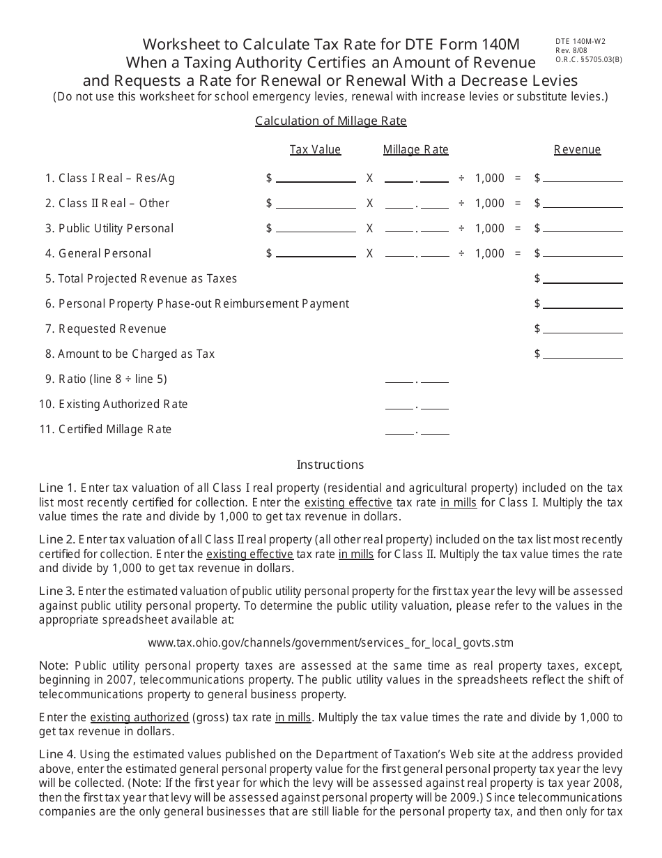Form DTE140M-W2 Worksheet for Renewal or Renewal With a Decrease Levies - Ohio, Page 1