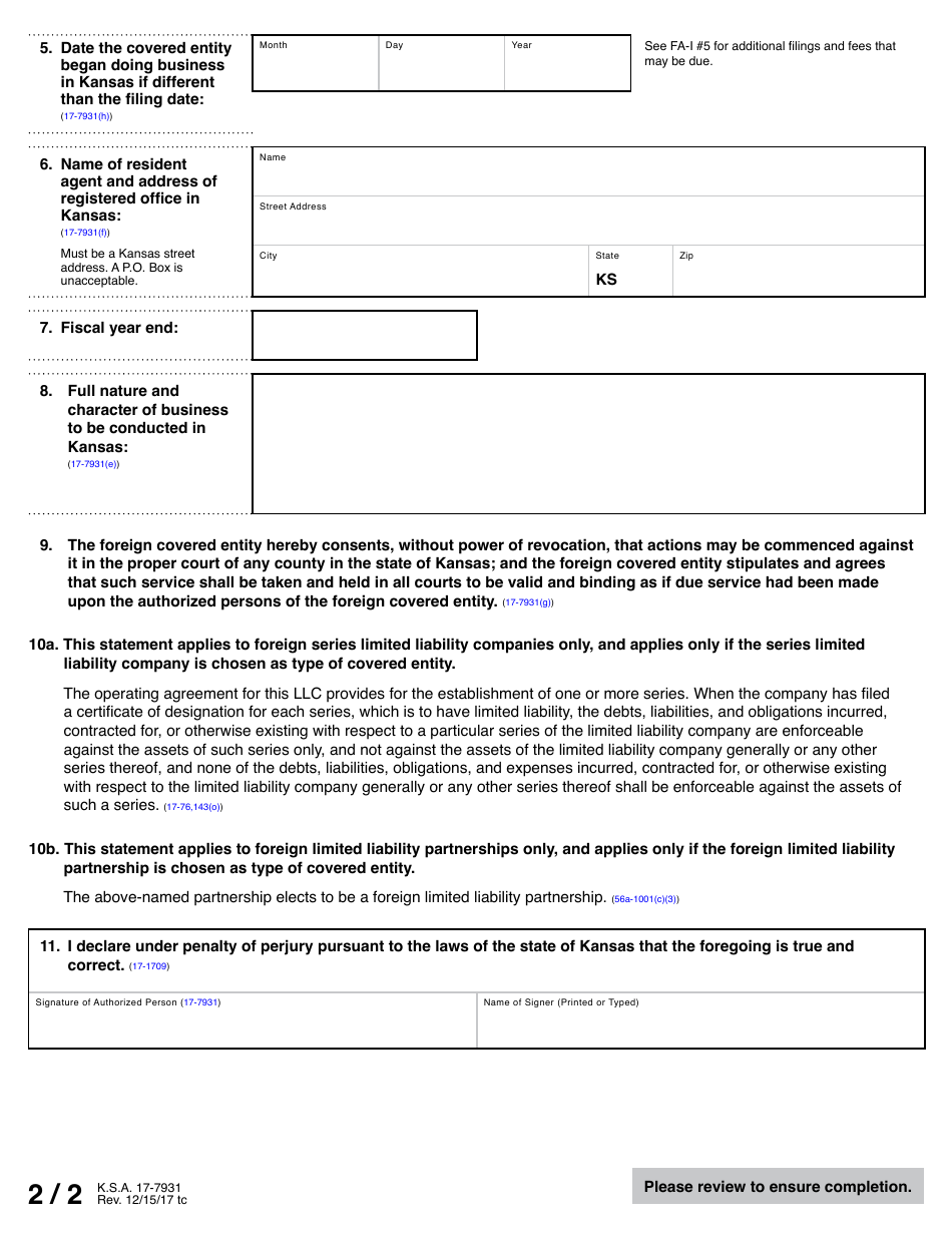 Form 17-7931 Application for Registration of FA Foreign Covered Entity - Kansas, Page 5