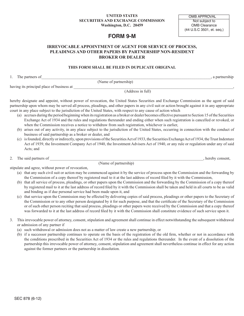 SEC Form 878 (9-M) Irrevocable Appointment of Agent for Service of Process, Pleadings and Other Papers by Partnership Non-resident Broker or Dealer, Page 1