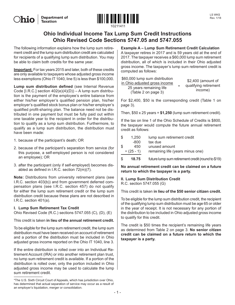 Form LS WKS Ohio Lump Sum Retirement / Distribution Credit Worksheet - Ohio, Page 1