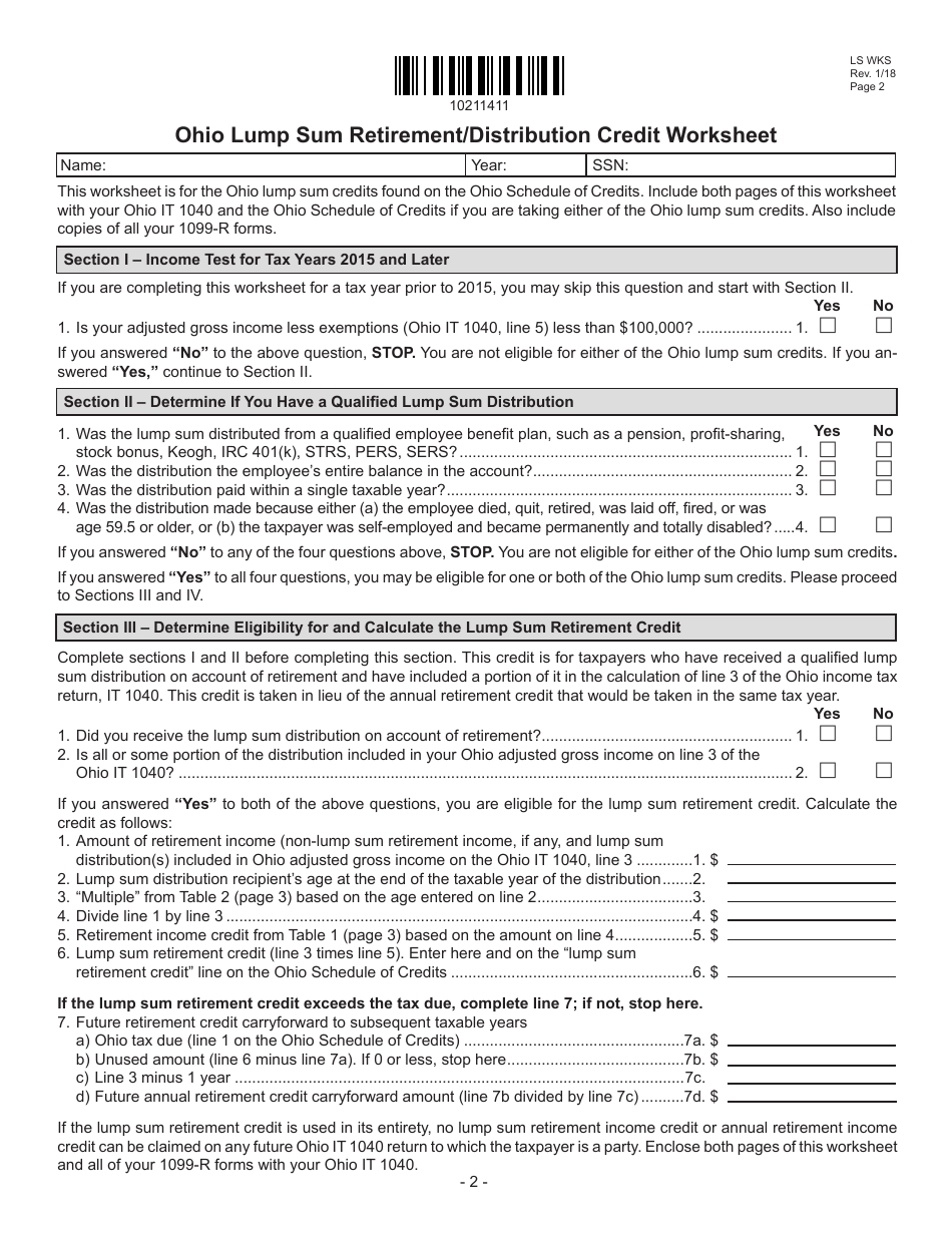 Form LS WKS Ohio Lump Sum Retirement / Distribution Credit Worksheet - Ohio, Page 2