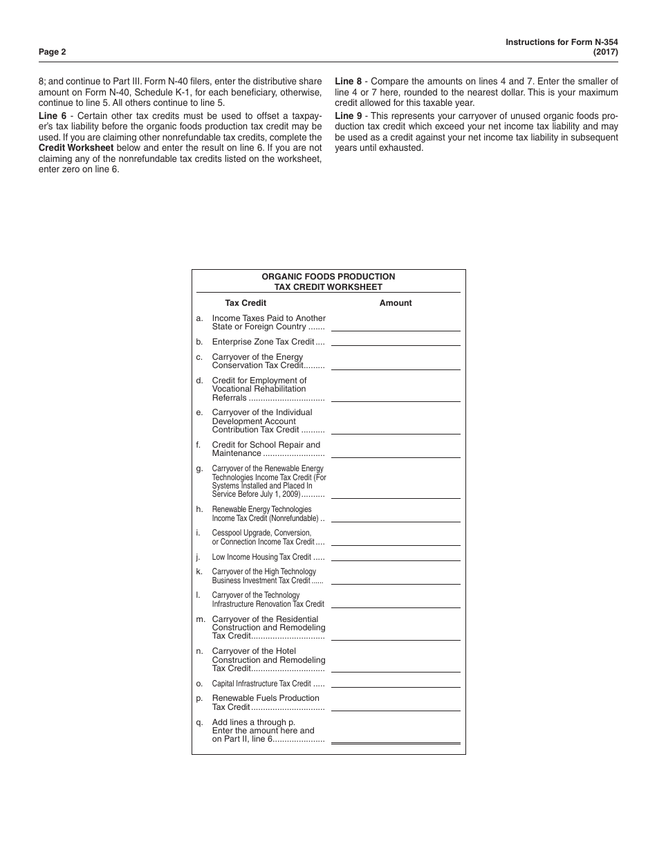 Instructions for Form N-354 Organic Foods Production Tax Credit - Hawaii, Page 2