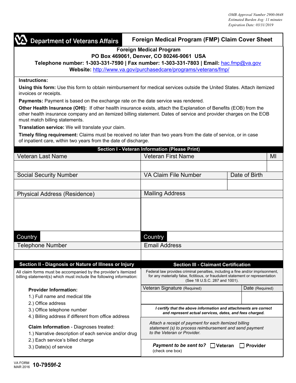 VA Form 10-7959f-2 Foreign Medical Program (FMP) Claim Cover Sheet, Page 1