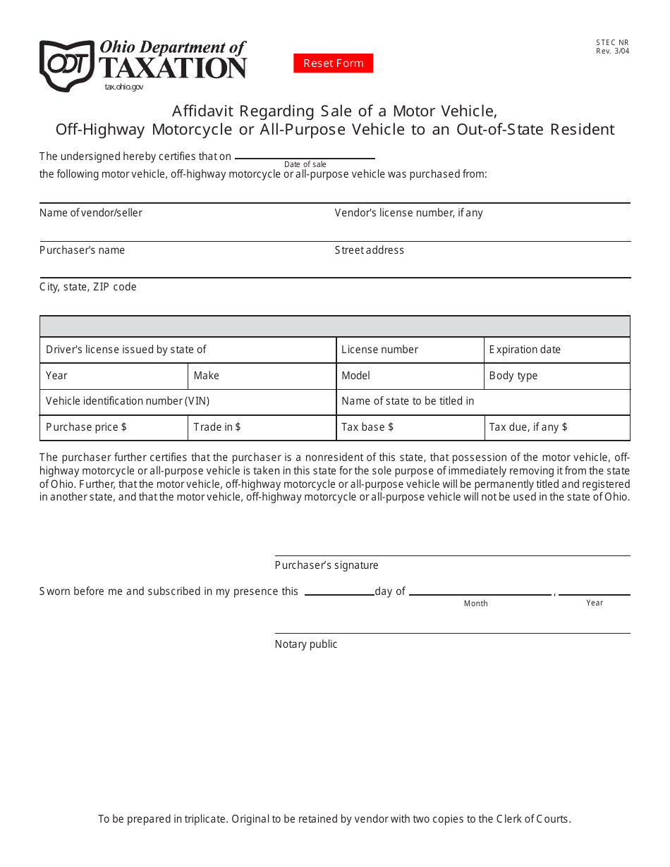 Form STEC NR Affidavit Regarding Sale of a Motor Vehicle, Off-Highway Motorcycle or All-purpose Vehicle to an Out-of-State Resident - Ohio, Page 1