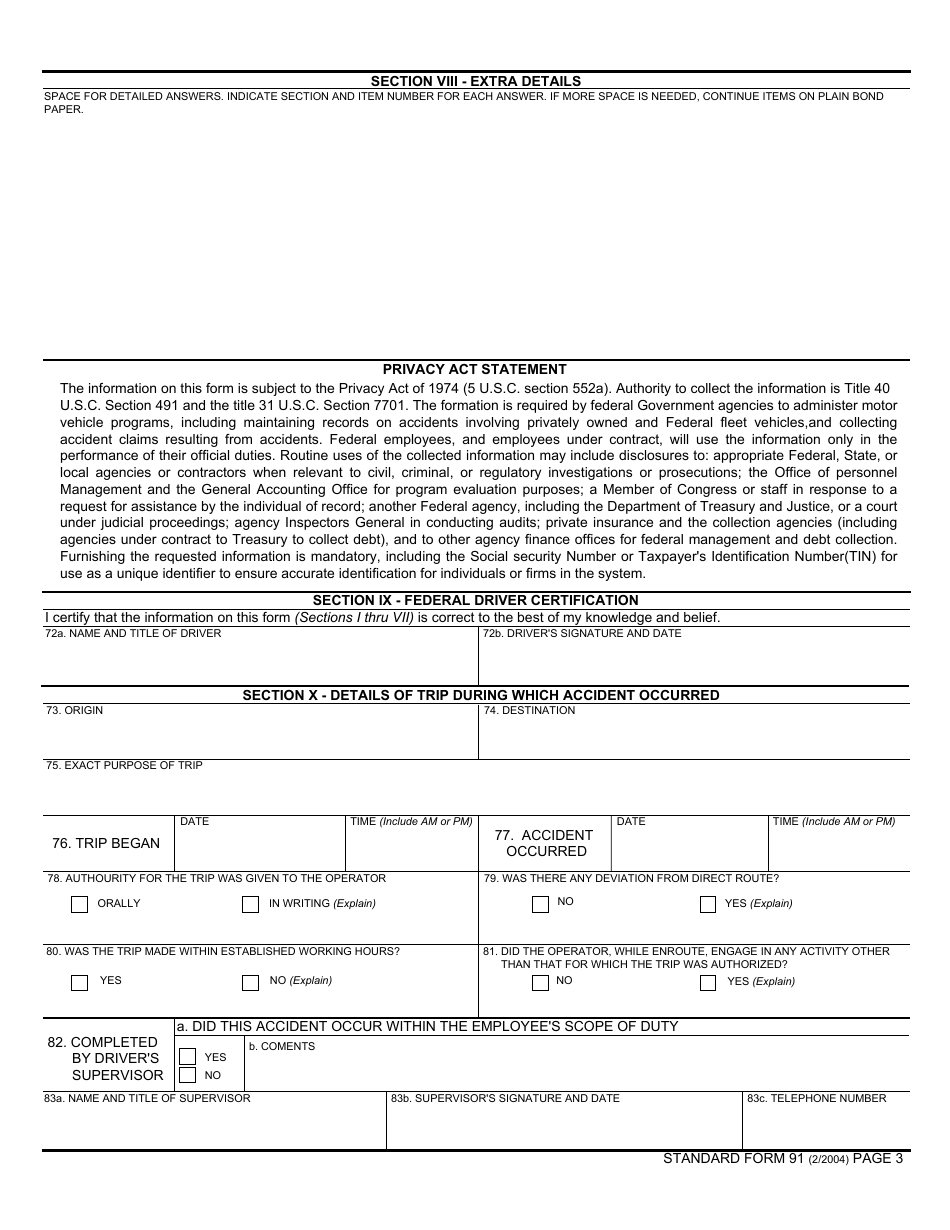 Form SF-91 Motor Vehicle Accident Report, Page 3