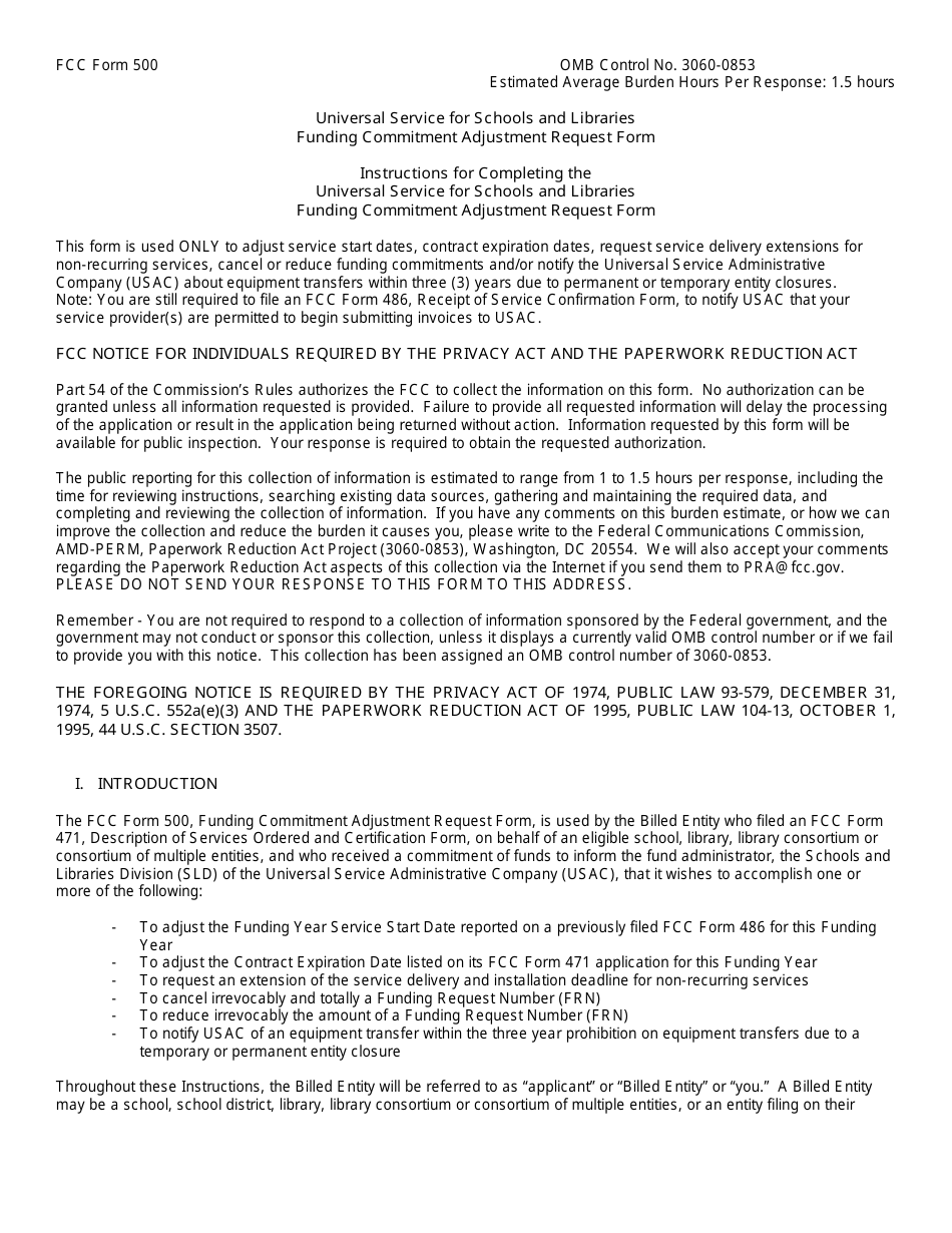 Instructions for FCC Form 500 Universal Service for Schools and Libraries Funding Commitment Adjustment Request Form, Page 1