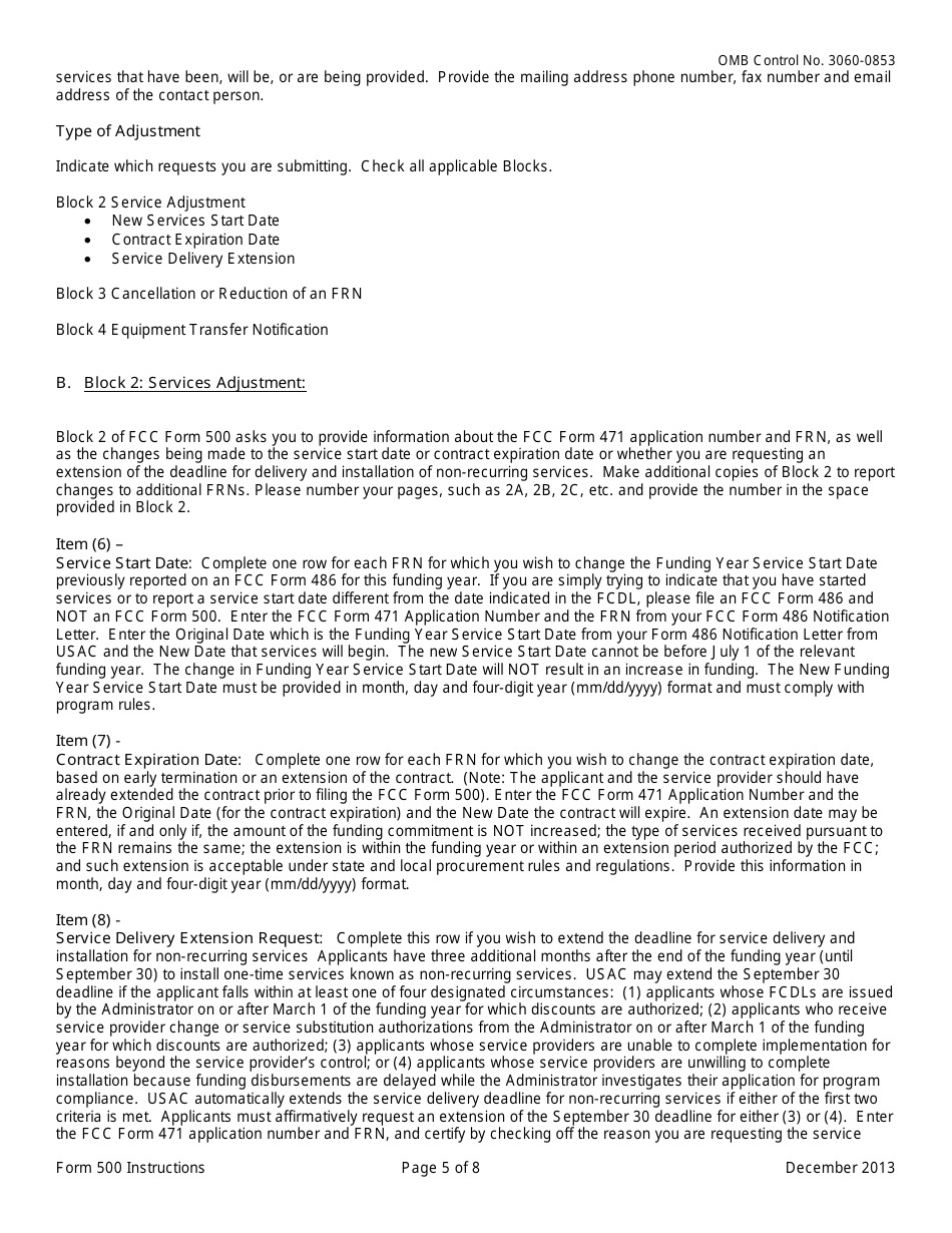 Instructions for FCC Form 500 Universal Service for Schools and Libraries Funding Commitment Adjustment Request Form, Page 5