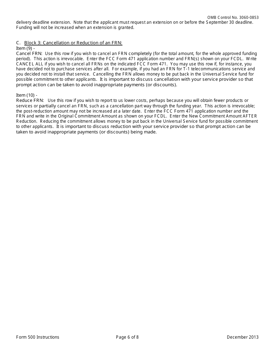 Instructions for FCC Form 500 Universal Service for Schools and Libraries Funding Commitment Adjustment Request Form, Page 6