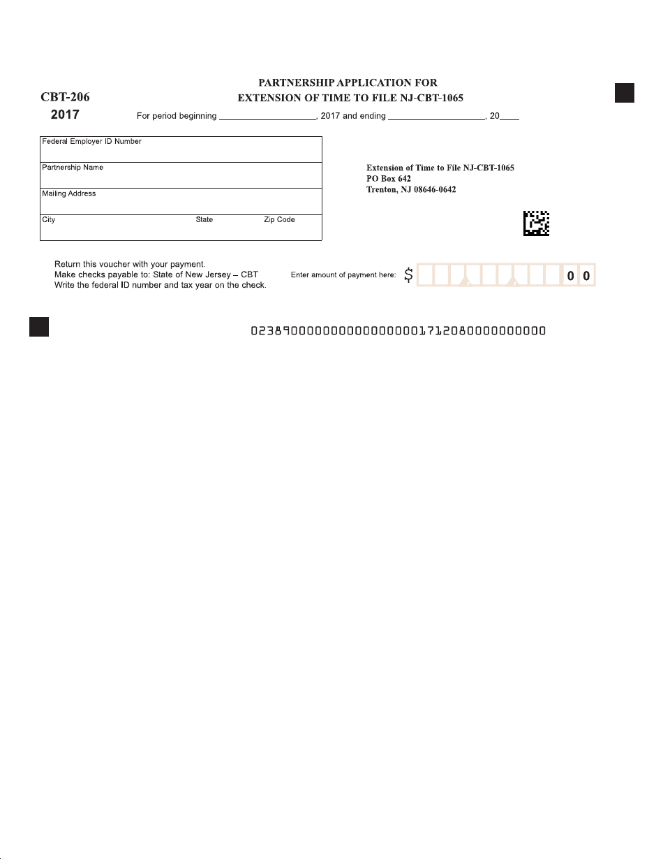 Form CBT-206 Partnership Application for Extension of Time to File Form Nj-Cbt-1065 - New Jersey, Page 1