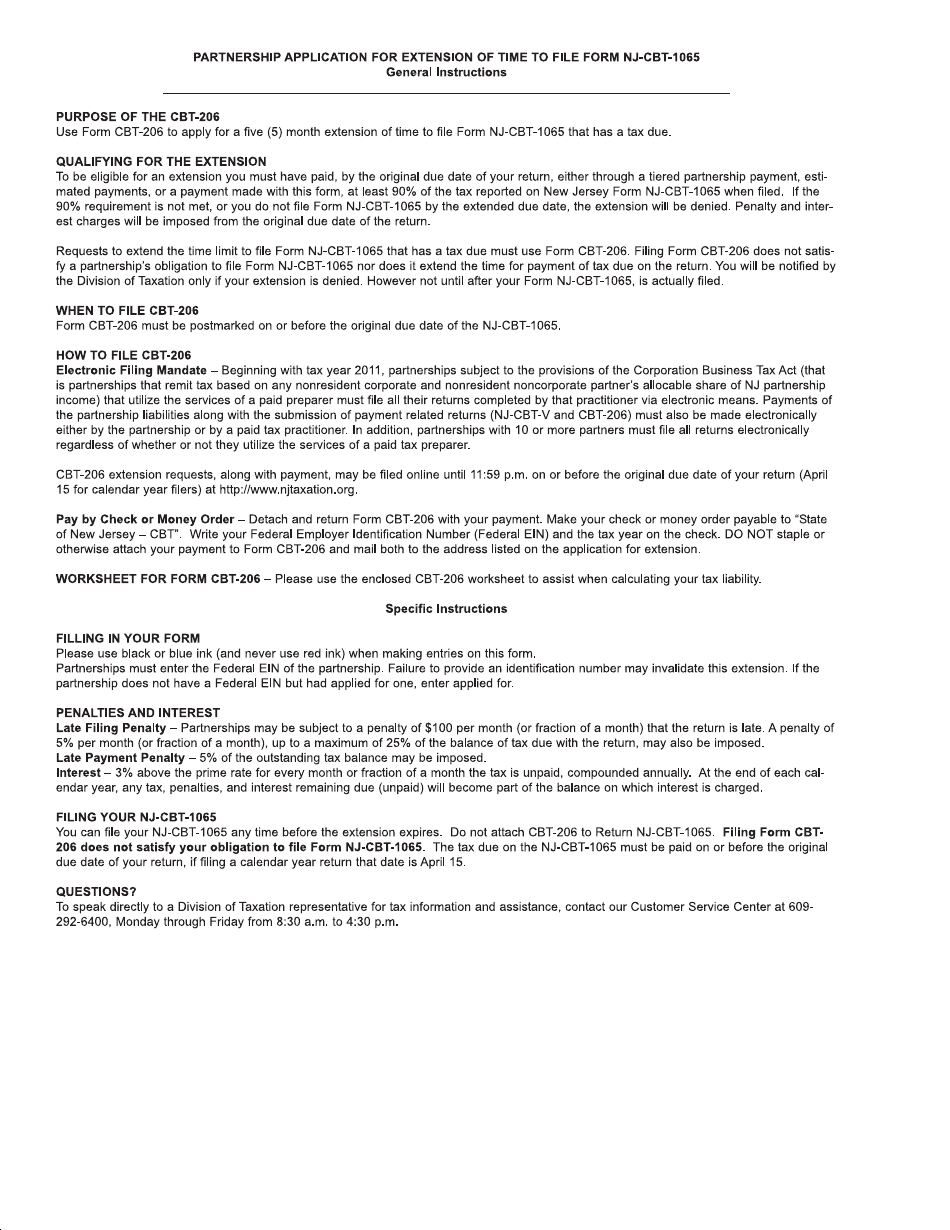 Form CBT-206 Partnership Application for Extension of Time to File Form Nj-Cbt-1065 - New Jersey, Page 2