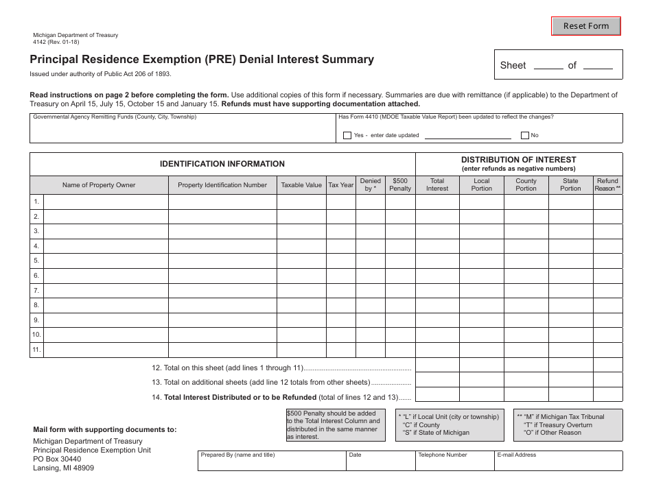 Form 4142 Principal Residence Exemption (Pre) Denial Interest Summary - Michigan, Page 1