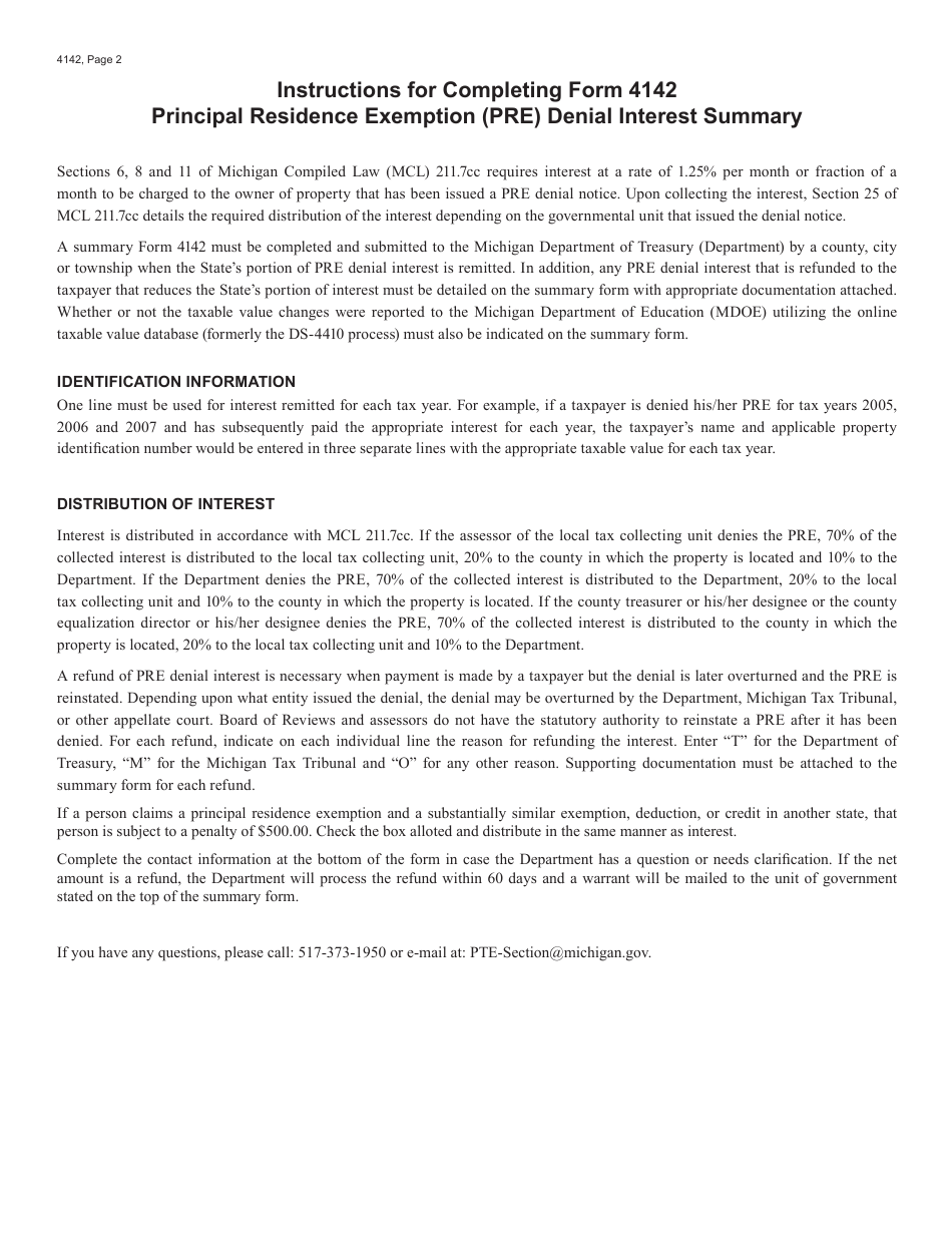 Form 4142 Principal Residence Exemption (Pre) Denial Interest Summary - Michigan, Page 2