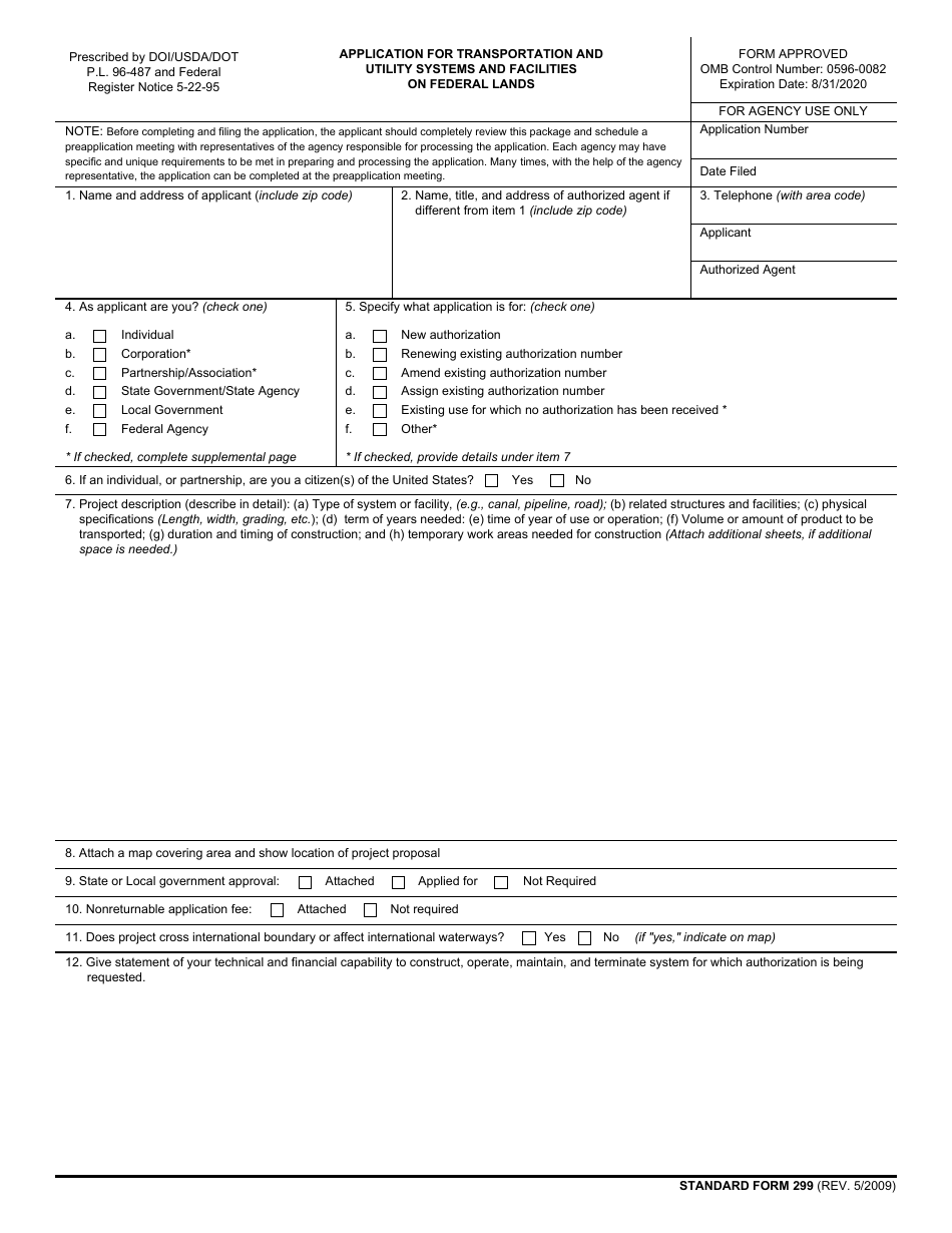 Form SF-299 Application for Transportation and Utility Systems and Facilities on Federal Lands, Page 1