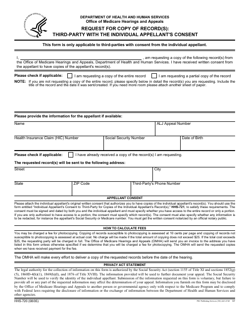 Form HHS-720 Request for Copy of Record(S) - Third-Party With the Individual Appellant's Consent