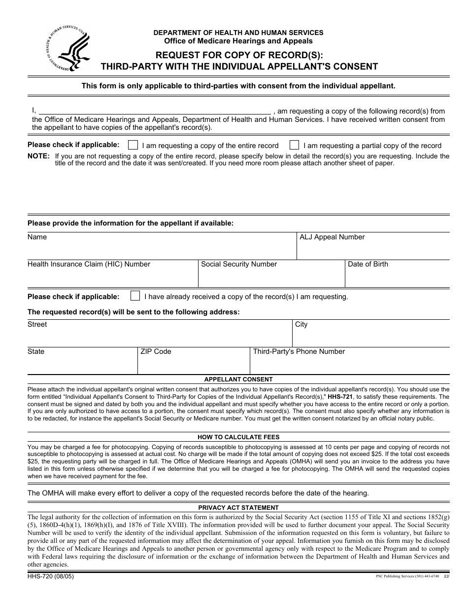Form HHS-720 Request for Copy of Record(S) - Third-Party With the Individual Appellants Consent, Page 1