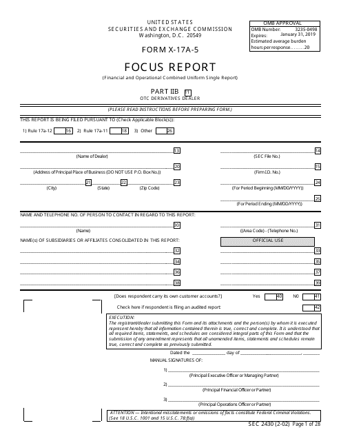 SEC Form 2430 (X-17A-5) Part IIB  Printable Pdf