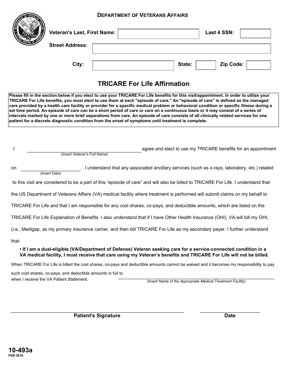 VA Form 10-493a TRICARE for Life Affirmation, Page 1
