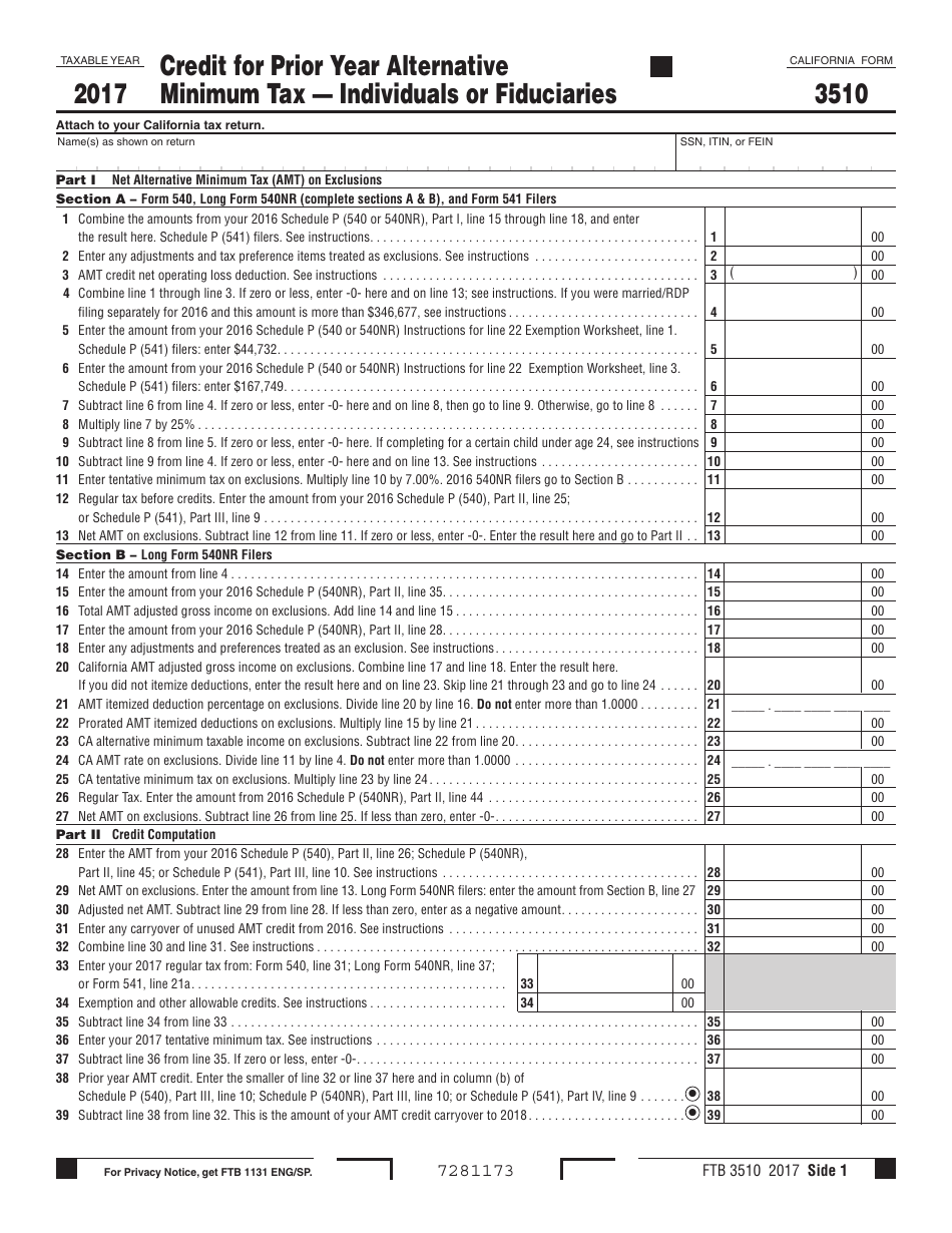 Form FTB3510 Credit for Prior Year Alternative Minimum Tax  Individuals or Fiduciaries - California, Page 1