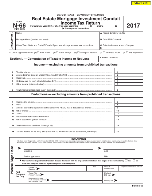 Form N-66 2017 Printable Pdf