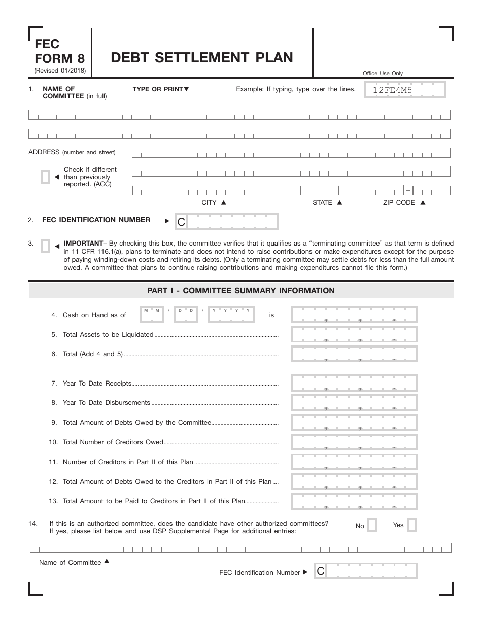 FEC Form 8 Debt Settlement Plan, Page 1