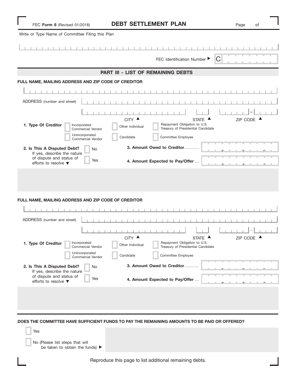 FEC Form 8 Debt Settlement Plan, Page 6